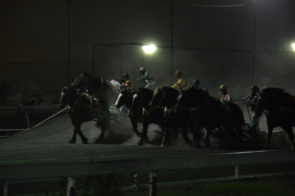 ゴール前で競り合う輓馬