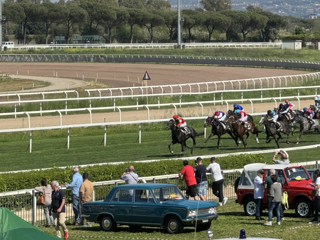 クラシックカーの向こうを走る馬群