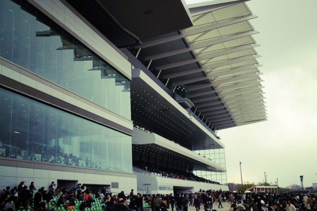 リニューアルオープン直後の中京競馬場の新スタンドと芝生広場