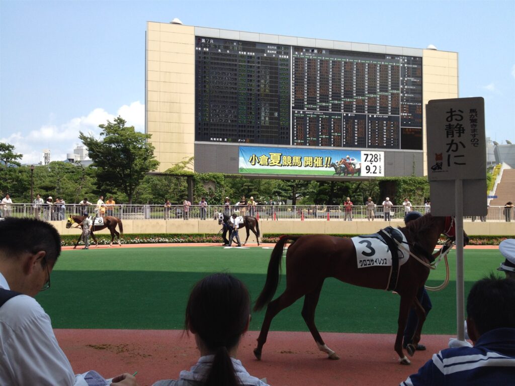 2012年8月、小倉競馬場のパドックとオッズ板