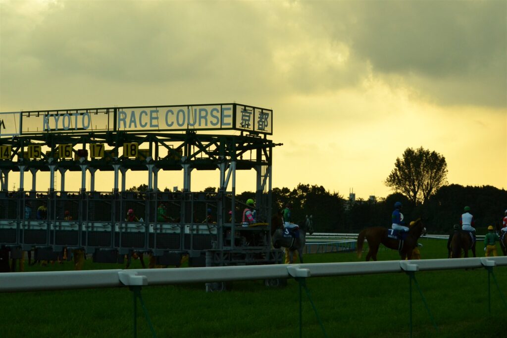 2011年11月、夕暮れの京都競馬場の旧スタンドと大型ビジョン