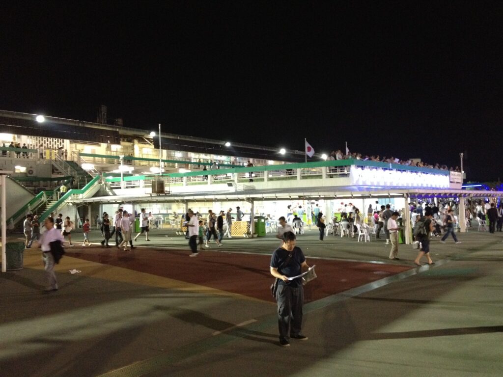 2012年9月、照明に照らされた夜の園田競馬場スタンド