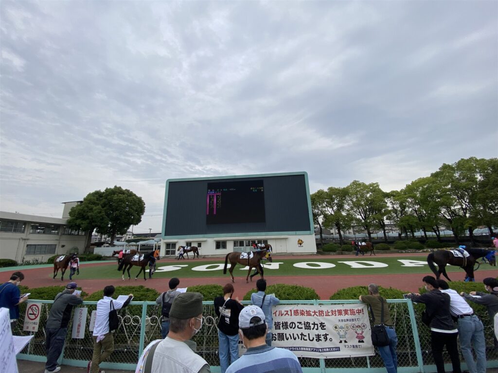園田競馬場のパドックと大型ビジョン